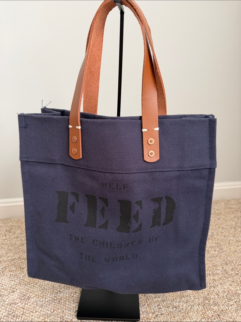 Feed the children of the world Canvas Tote Bag with Brown Leather Handles - Navy